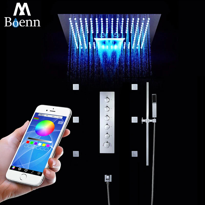 

M Boenn Luxury Bathroom Rainfall Shower System 16 Inch LED Shower Faucet Set Thermostatic Valve Embedded Ceiling Spa Showerhead