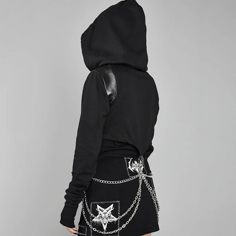  InsGoth Women Cropped Hoodies Sweatshirt Gothic Slim Chain Patchwork Zipper Pullover Hooded Female 