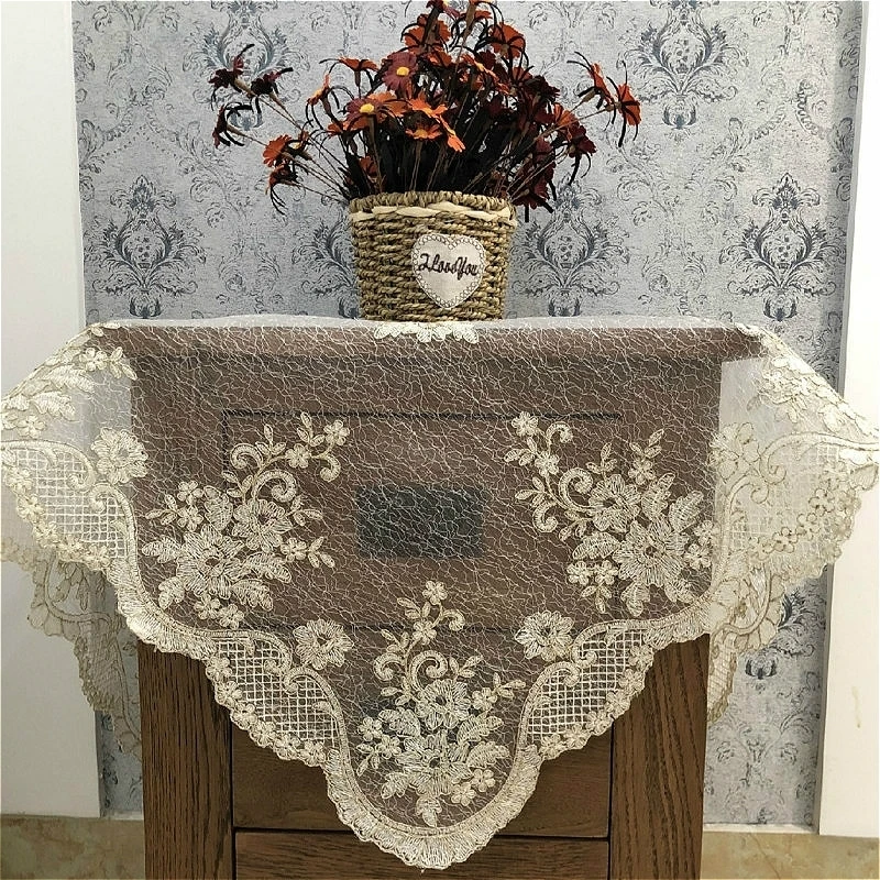 

European Luxury Square Embroidery Mesh Tablecloth Furniture Electrical Dust Cover Cloth Placemat Balcony Coffee Table Mat Decor
