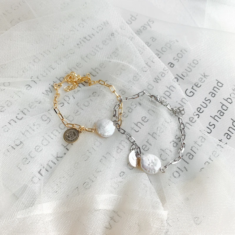 HUANZHI Аватар монета кулон Кнопка Форма натуральный пресноводный жемчуг Регулируемая металлическая цепочка браслет ручной ювелирные изделия браслет для женщин