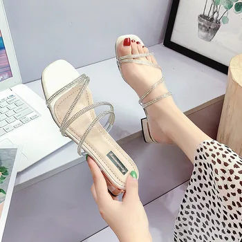 

Slipper Summer New Style 2020 Man-made Diamond Chunky-Heel Thin Drawstring Slippers Women's Semi-high Heeled Single-strap Slippe