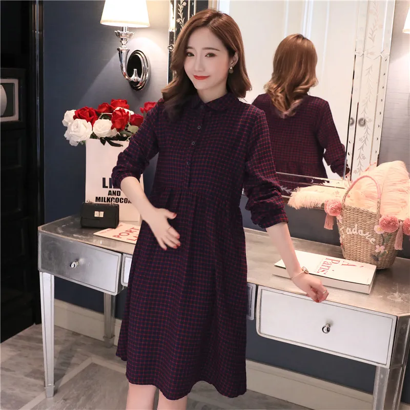 New Plaid Nursing Maternity Breastfeeding Dresses Autumn Winter Clothes for Pregnant Women Single-breasted Pregnancy Dress