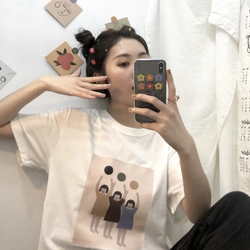 Летняя модная новинка, топы с короткими рукавами и принтом из мультфильма, футболки в стиле панк ulzzang Harajuku, свободная забавная повседневная женская футболка с круглым вырезом
