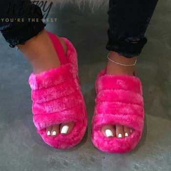 

Hot women spring plush slippers 2020 ms flat bottom antiskid indoor all-around comfortable sandals outdoor Pink Fur Slippers