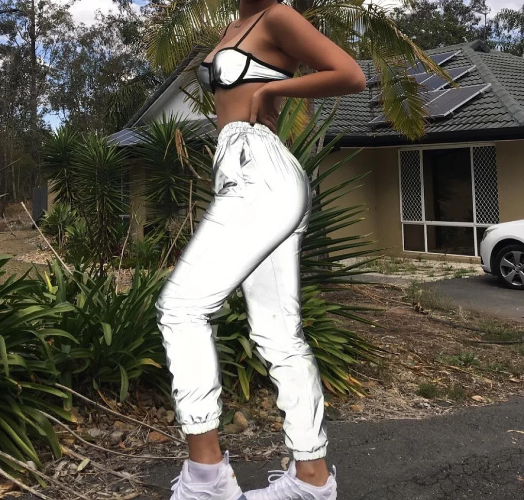 

Women Sweatpant Flash Reflective Pants Hip Hop Dance Show Party Night Jogger Baggy Trousers Plus Size 2xl Casual Harem Pants