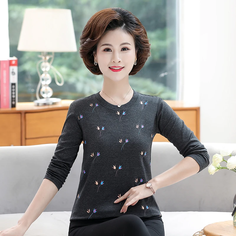 

Autumn Basic Cotton Blouse Women Red Pink Purple Black Floral Printing Top Woman Round Collar Long Sleeve Bottoming Blouses 2020