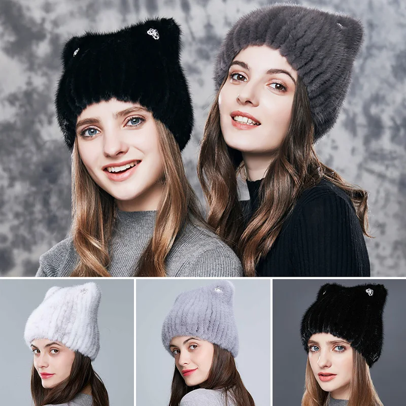 

Fashion Natural Mink Fur Hats For Women Cute Cat Ear Thick Winter Hat Female Fashion Fur With Rhinestones Knitted Beanies Warm