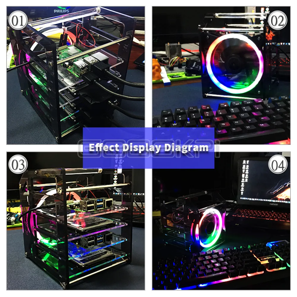 GeeekPi Raspberry Pi 4B/3B+/3B/ Jetson Nano Rack Tower 4 Layer Acrylic Cluster Case Large Cooling Fan LED RGB Light raspberry pi,raspberry pi case