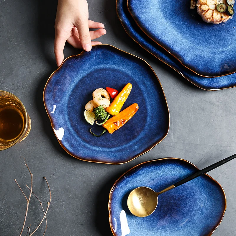 ANTOWALL Japanese Retro Ceramic Dishes Household Irregular Flat Plates Ceramic Tableware Food Plates