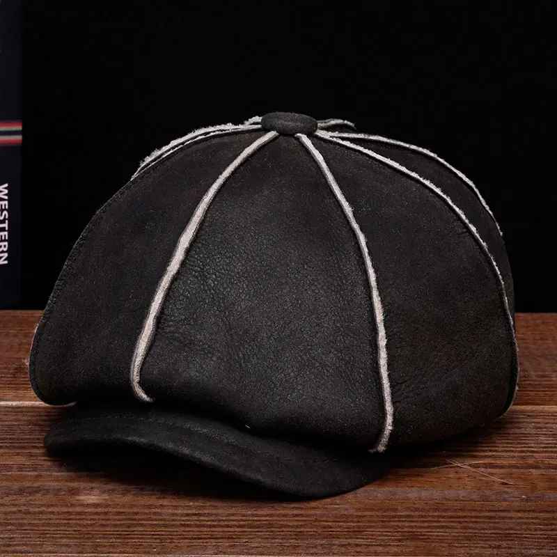 BROWN HL112 зимний теплый Русский один Меховой берет ремень Gatsby охотничьи капюшоны шапки с настоящим мехом внутри мужская бейсбольная шляпа из натуральной кожи - Цвет: BROWN