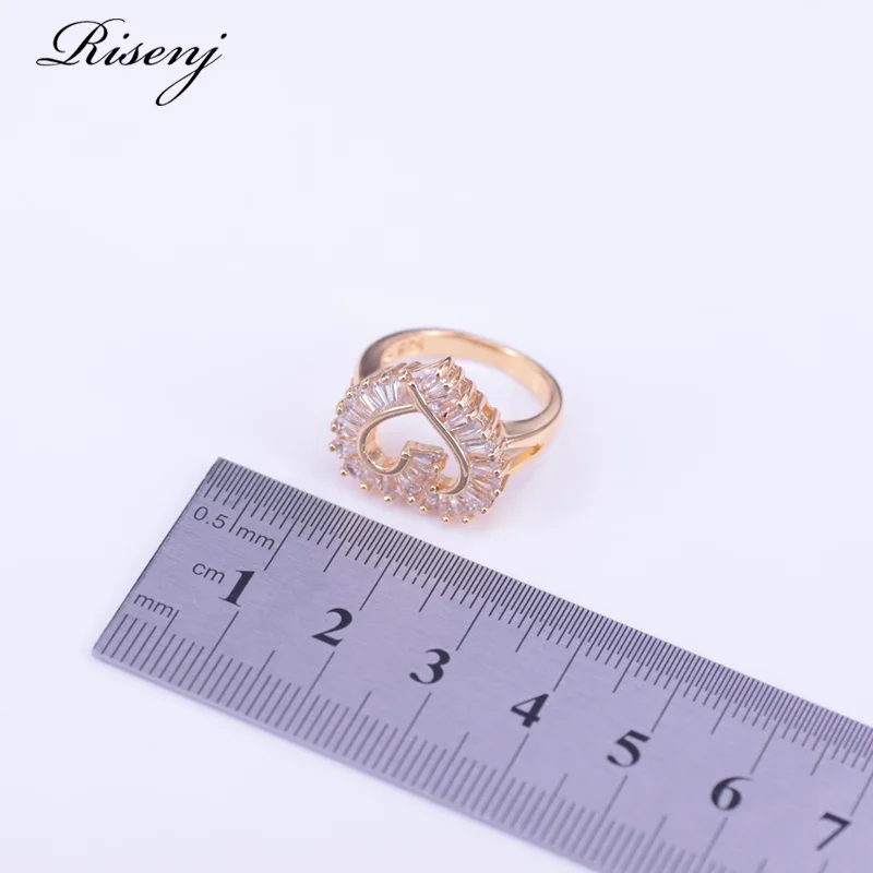Risenj Heart Square Top Zircon 18k Gold Costume Jewelry Set For Women Earrings Necklace Ring Set Bridal Jewelry - Image 6