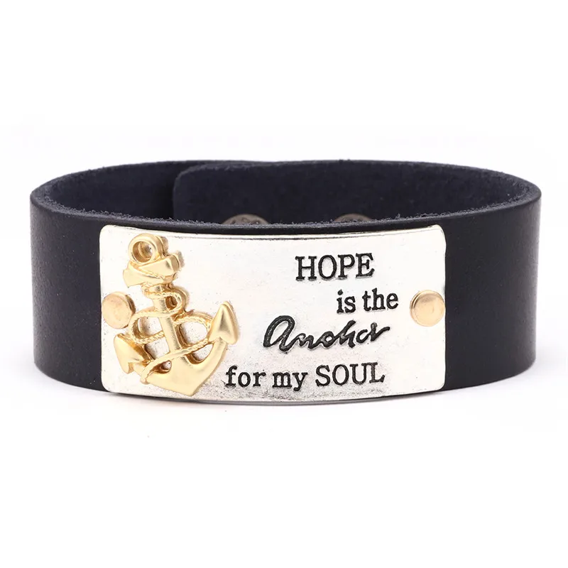 Hot Leather Bracelet Bangle Brown Black Genuine Leather Jewelry English Letter Bracelet For Men Women Party Gifts - Окраска металла: black