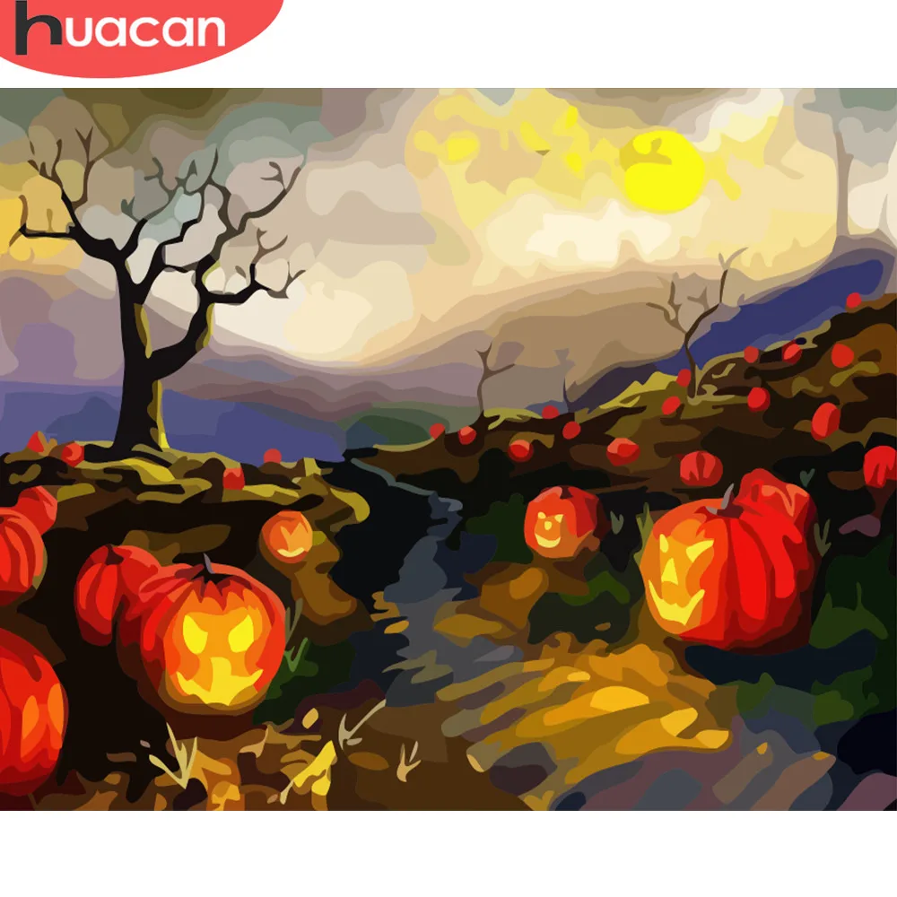 

HUACAN DIY Oil Painting By Numbers Halloween Scenery Kits Drawing Canvas HandPainted Home Decor Pictures By Numbers Pumpkin