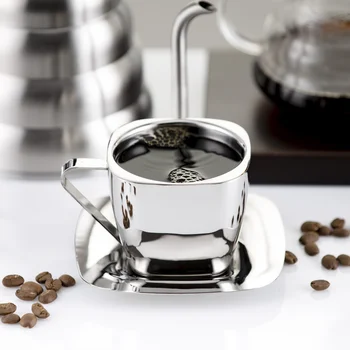 

Stainless steel coffee cup set double anti-scalding hand insulation cup creative square milk tea cup saucer mug WF629629