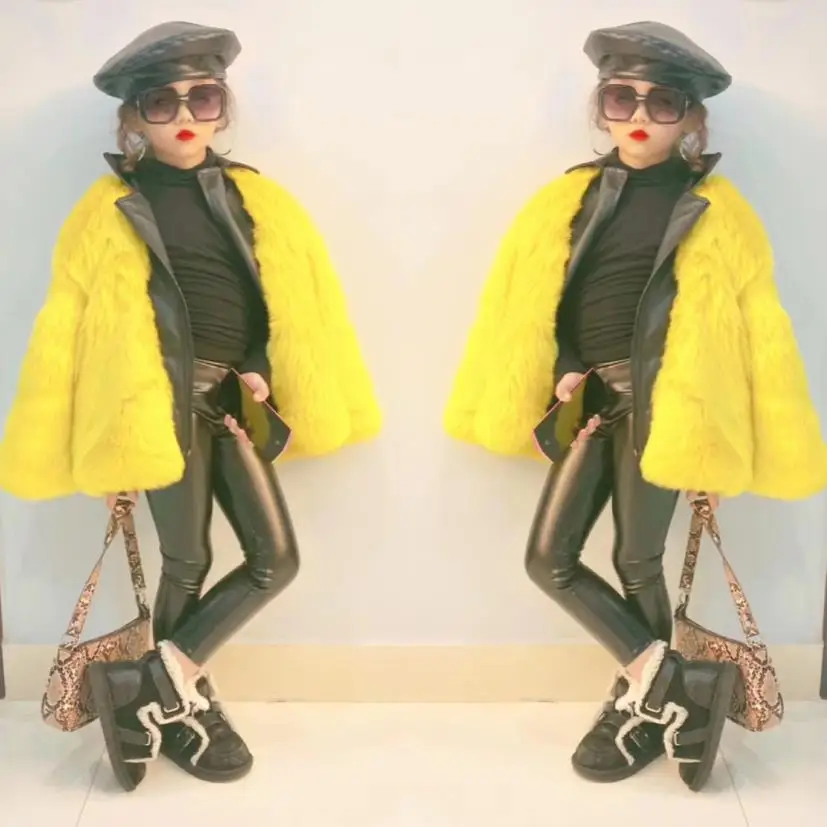 yellow Г. Новые лоскутные Куртки из искусственной кожи с искусственным лисьим мехом для детей, пальто с мехом для девочек Детская Верхняя одежда Топы, одежда для малышей ws1303 - Цвет: yellow