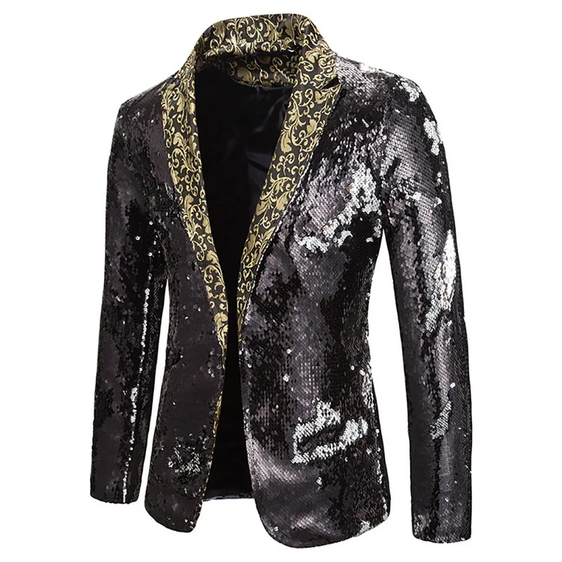 Новинка, мужской двухцветный костюм с пайетками, сценический костюм, Дикий костюм, лацкан, блейзер, куртка, DJ, клубный, сценический, певец, одежда для ночного клуба