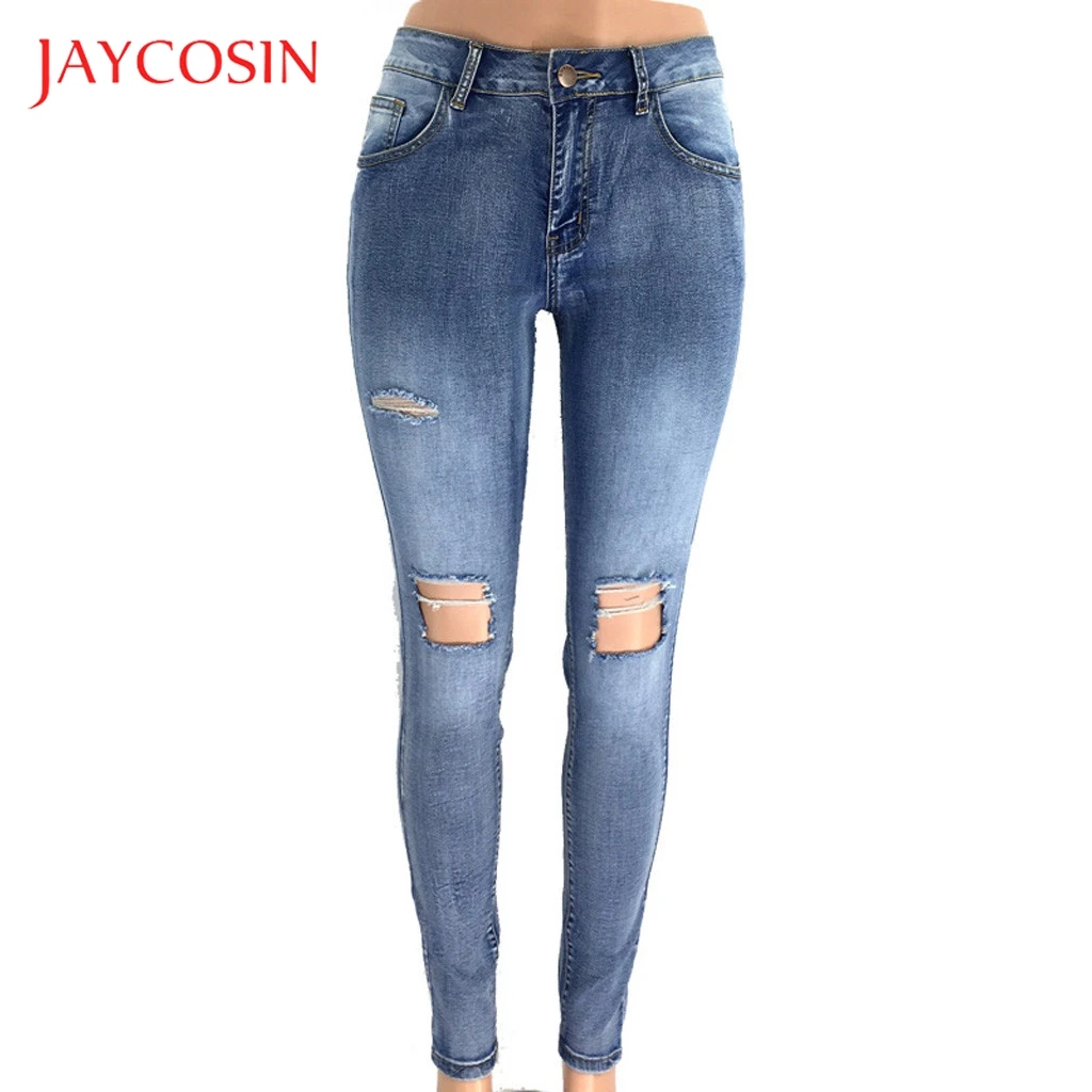 JAYCOSIN, обтягивающие джинсы-карандаш, Женские джинсовые штаны, женские синие штаны, рваные Стрейчевые женские джинсы длиной до щиколотки, обтягивающие джинсы 731#2