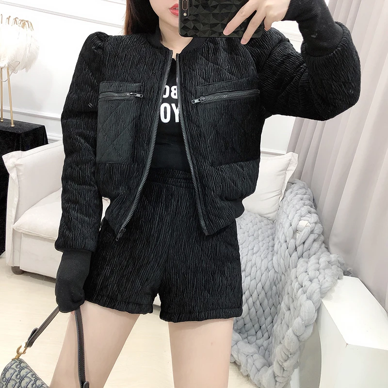ALPHALMODA, новинка, женское короткое пальто+ тонкие шорты с высокой талией, Толстый модный костюм из двух предметов, зимний стильный комплект куртка+ шорты