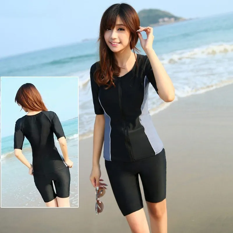 

Sun-resistant Short Sleeve Shorts Swimsuit Women's Split Type Boxer High-waisted Short Sports Swimwear Zip Not Exposed Back