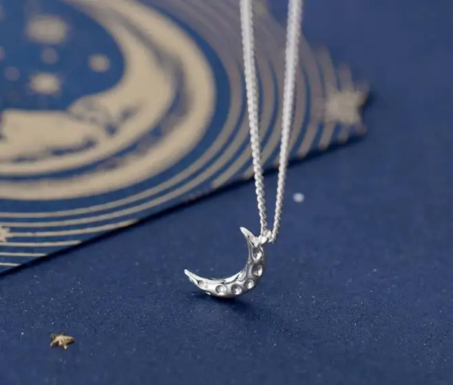 

100% real Sterling Silver 925 Fine Jewelry concave-convex Surface Crescent Moon Pendant Necklace GTLX1963