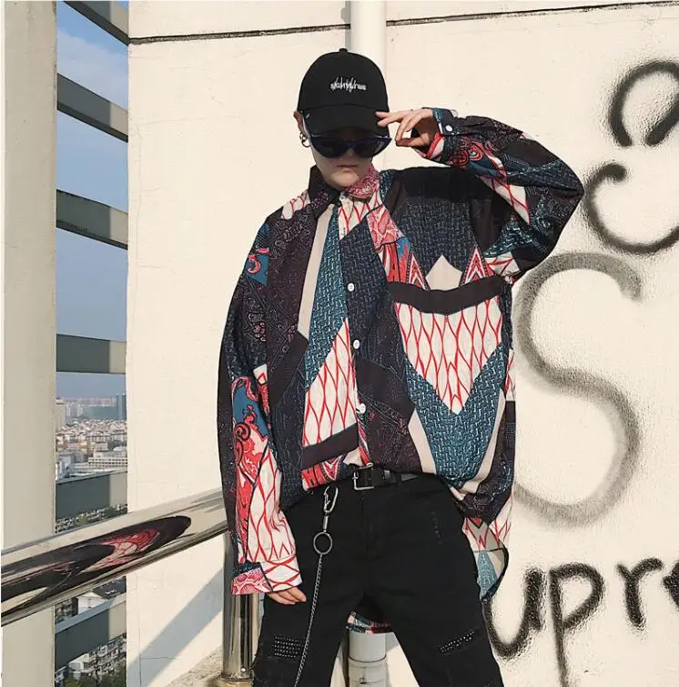 M-xl! 2019 весна и осень Новый Супер огонь ретро цветочный принт квадратный воротник Мужская свободная рубашка с длинными рукавами хип-хоп