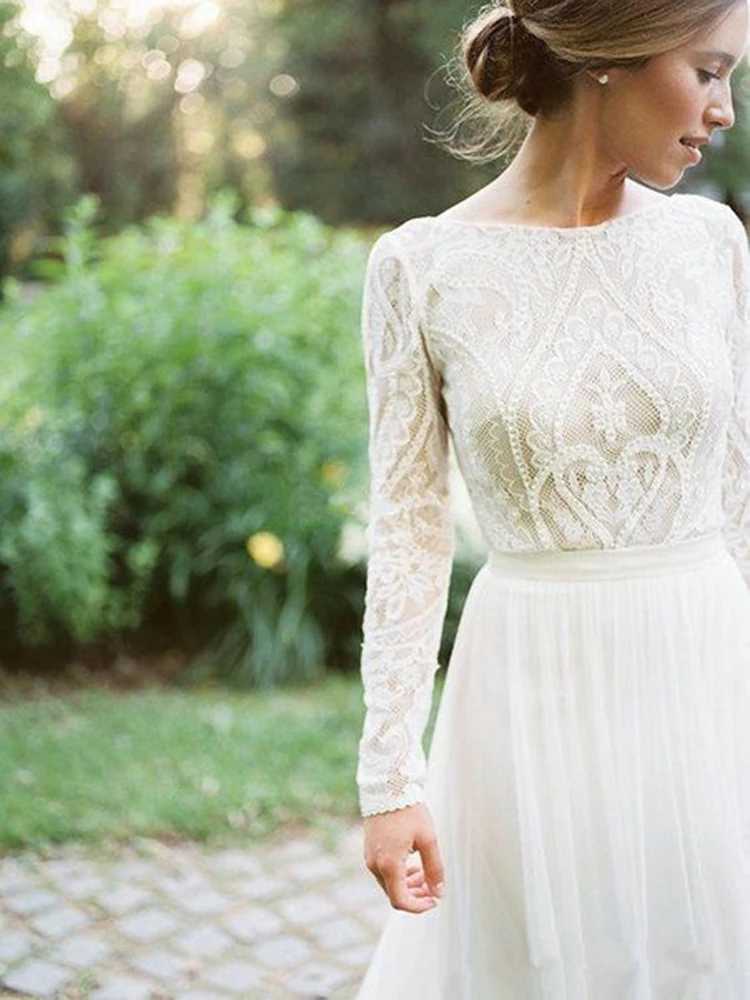 Vestidos de novia Bohemian Country Wedding Dresses With Long Sleeves Bateau Neck A Line Lace Applique Chiffon Boho Bridal Gowns 2
