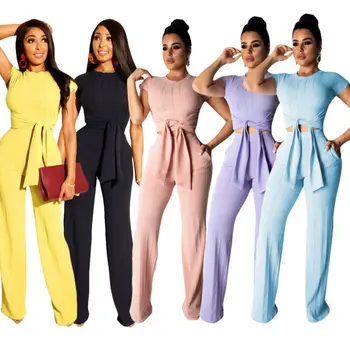 

Women 2 Piece Outfits Short Sleeve Crop Top Pant Set Slim Casual Knitted Outfit Set Rompers Solid High Wasit Belt Long Pants
