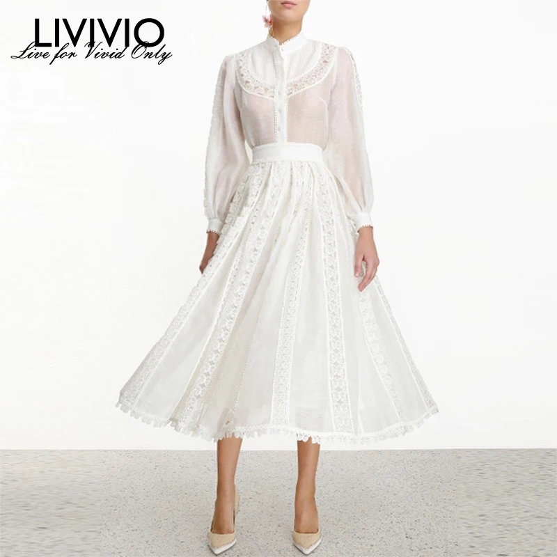 [LIVIVIO] кружевная белая блузка с бабочкой+ длинная юбка с высокой талией, Женский комплект из двух предметов