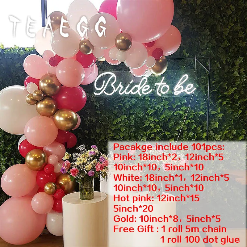 100pcs DIY Bride To Be Wedding Balloon Garland Macaron Pink Latex Gold Metal White Birthday Baby Shower Party Decor Supplies