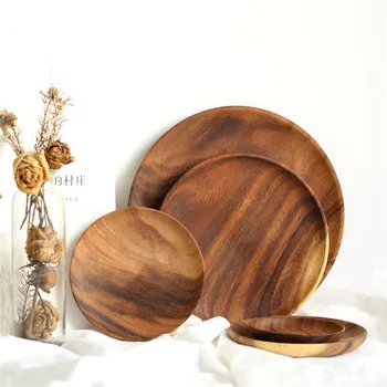 

Round Solid Wood Plate Whole Acacia Wood Fruit Dishes Wooden Saucer Tea Tray Dessert Dinner Breakfast Plate Tableware Set