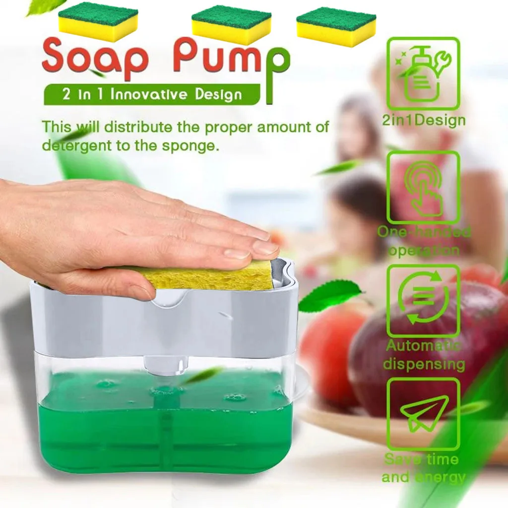 

2-in-1 Soap Pump Dispenser With Sponge Holder Liquid Dispenser Container Caddy Kitchen Organizer Household Cleaning Accessories