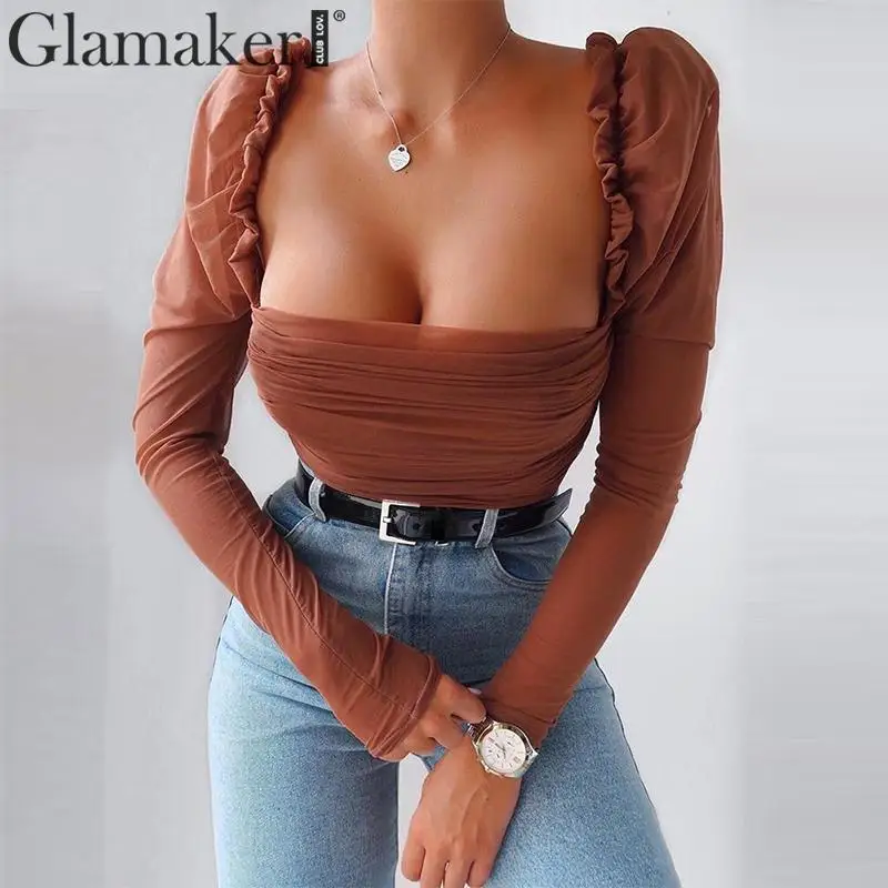 Женская блузка с длинными рукавами Glamaker плиссированная винтажная квадратным