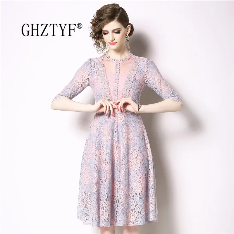 

2020 Spring New Woman Long Dresses Casual High-end Slim Was Thin Lace Office Dress Elegance Fifth Sleeve Robe Longue Femme