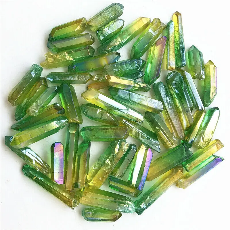 

50g Green and Yellow Aura Quartz Crystal Point Titanium Treated Quartz Wand Decor Natural Quartz Crystals Mineral Crystals