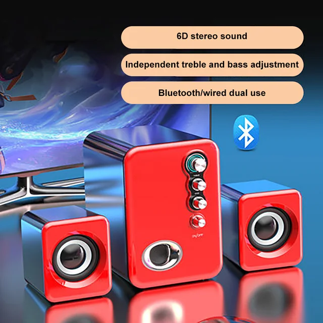 Computer Audio USB 2.1 Multimedia Bluetooth Overweight Subwoofer Desktop Home Speaker Wired Universal Audio Bluetooth 6D Red