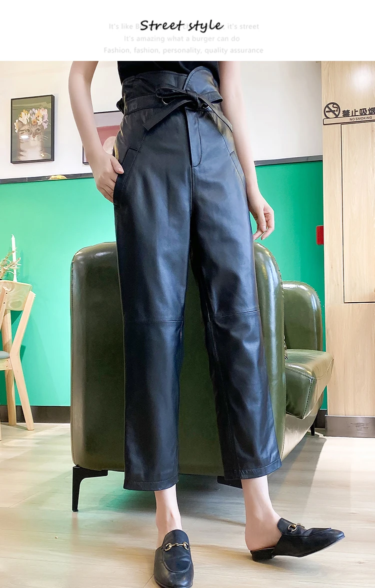 Tajiyane Pants for Women 2020 Real Sheepskin Wide Leg Pants Woman Genuine Leather High Waisted Trousers Spodnie Damskie TN1203 grey sweatpants