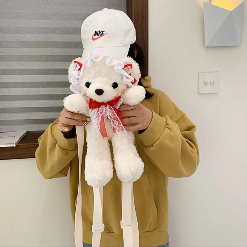 38 см kawaii bear shelliemei плюшевая сумка милый медведь кружева плюшевая кукла рюкзак портмоне подарок девушке - Цвет: red