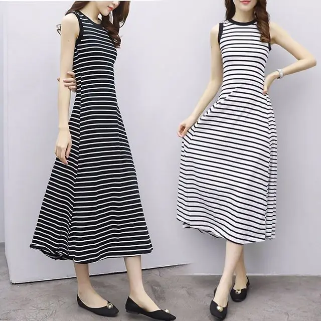 

2018 New Style Korean-style Elegant Slimming Striped Dress Women's Summer Retro Simple Sleeveless Sundress A- line Long Skirts