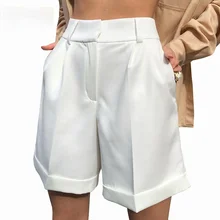 Aliexpress - White Suit Shorts Women 2021 Straight Leg Mid Waist With Zipper Button Pockets Ladies Summer Clothes Casual Loose Short Pants