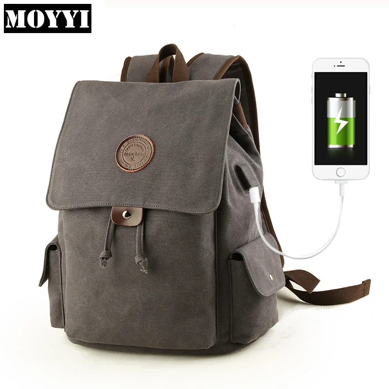 

MOYYI Male Men Canvas Backpack Fashion Leisure Style School Bag Large Capacity Mochlia Travel Backpack with USB Charge