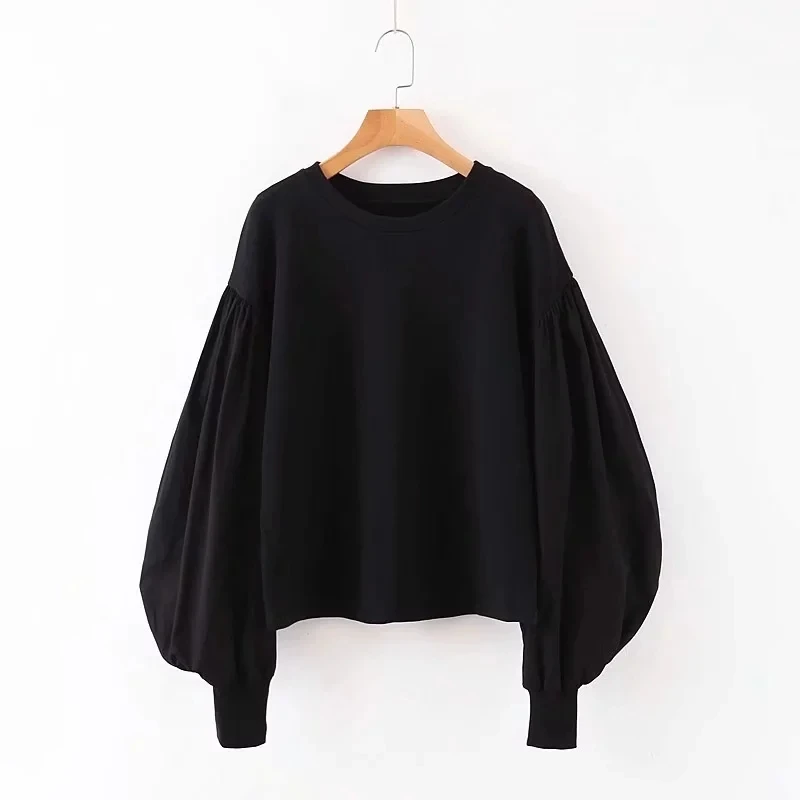 ZA autumn winter women stitching puff sleeve fashion black loose sweatshirt Casual chic lady pullover female pull woman clothes