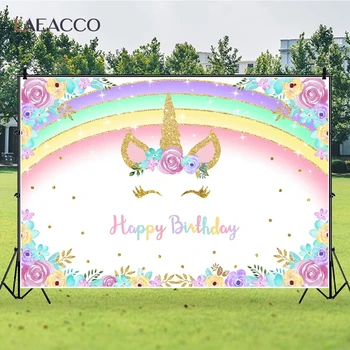 

Laeacco Birthday Photophone Unicorn Rainbow Flowers Photography Backdrops Custom Photo Backgrounds Newborn Photozone Photo Shoot