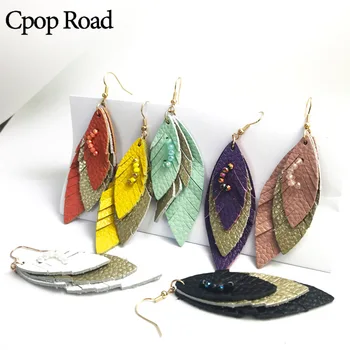 

Cpop New Three Layers Genuine Leather Earrings for Women Fashion Leaf Earrings Fashion Jewelry Female Ear Drop Accessories Gifts