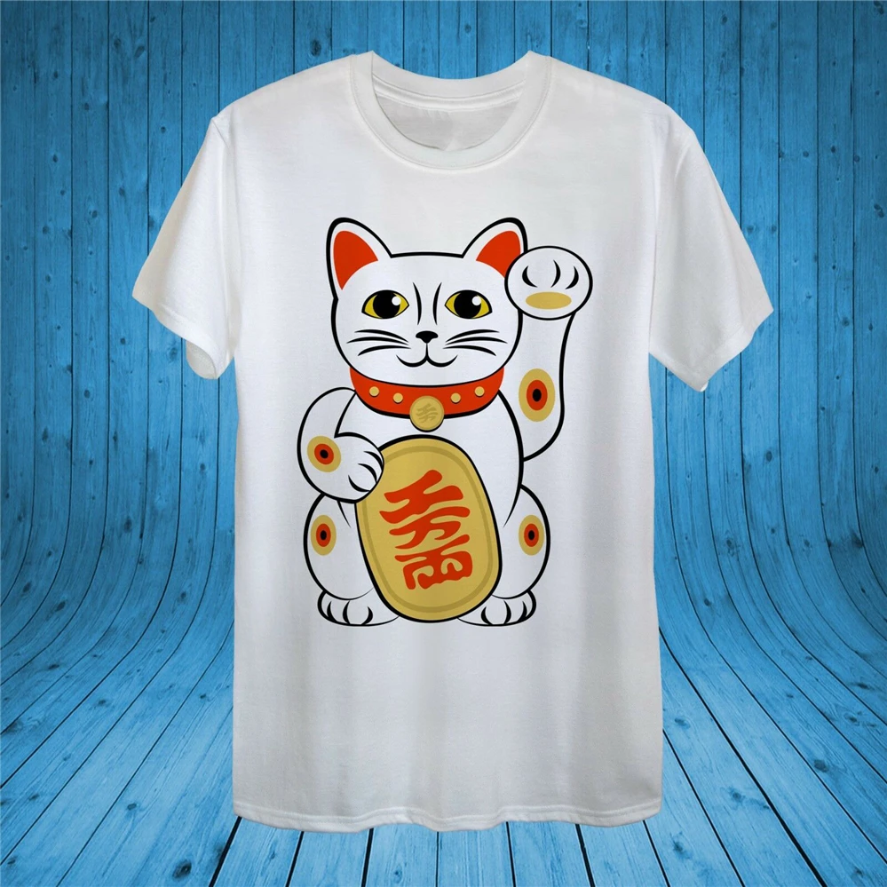 Японская белая футболка с надписью Lucky Cat Maneki Neko Хлопковая женская унисекс
