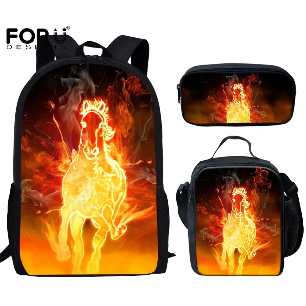 School Bags For Kids Pencil Case Set Crazy Horse 3D Printing  Black School-bag Fire Gold Horse