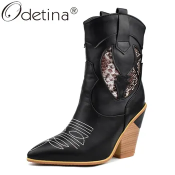 

Odetina Women Sexy Block High Heel Snake skin Slip On Casual Winter Female Pointed Toe Cowboy boots Western Lady Mid Calf Boots