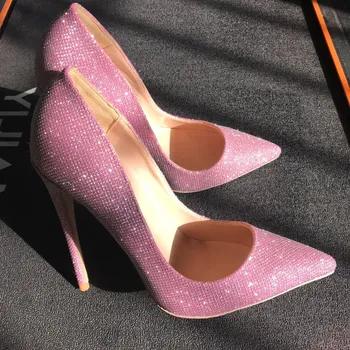 

2020 new pink sequin pointed high heels shallow mouth all-match shiny stiletto single shoes female 12cm