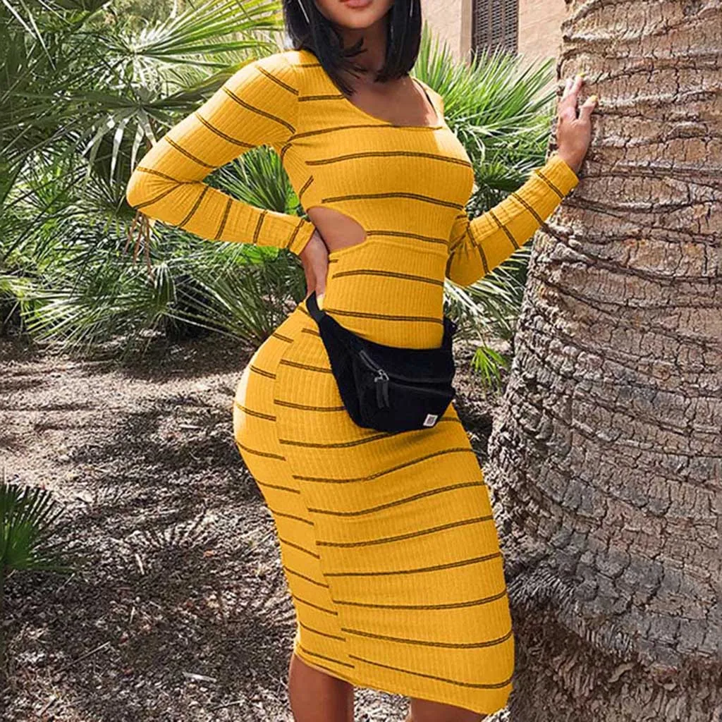 

Long Short Sleeve Autumn Winter Casual Women Striped Bandage Bodycon Dress Sexy Slim Evening Party Mini Dress#J30