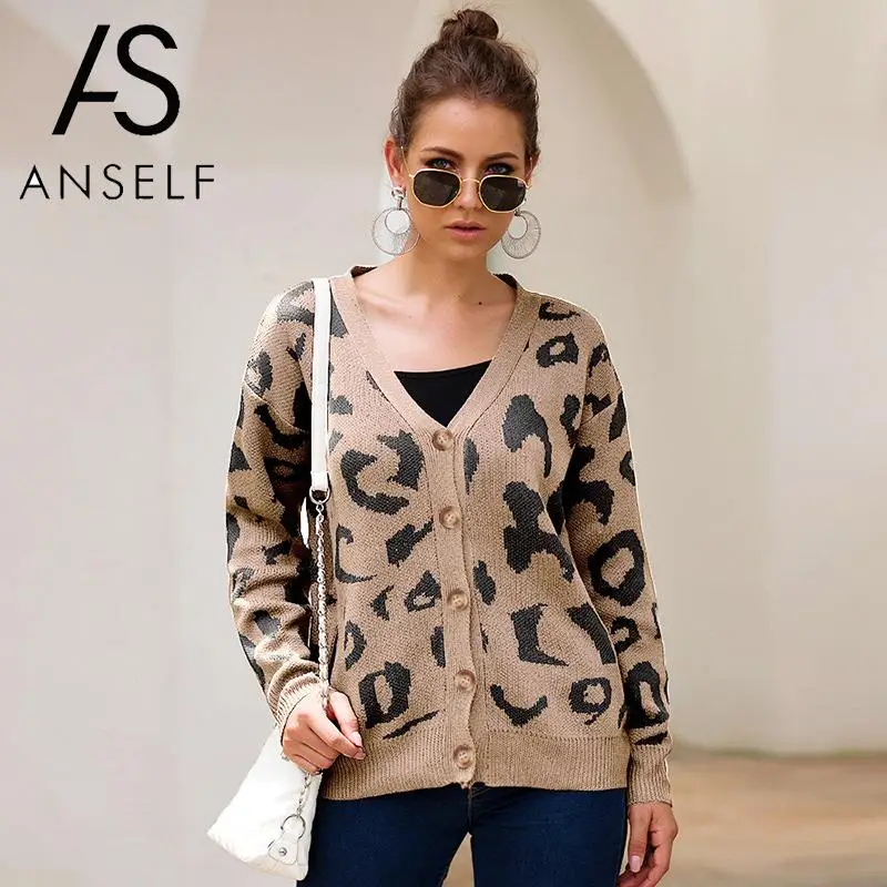 

ANSELF 2019 Autumn Winter Knitting Coat Women Knitted Cardigan Leopard Print Open Front Button Drop Shoulder Long Sleeve Sweater