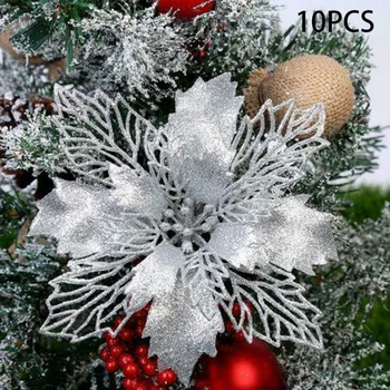 

10X Christmas 11cm Poinsettia Glitter Flower Tree Hanging Party Xmas Decor Hollow Leaf Christmas Tree Decoration Flower DIY